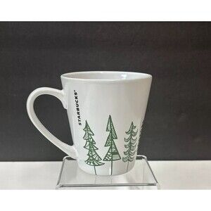 Starbucks White Coffee Mug Cup Green Pine Christmas Trees 2015 12 FL oz Holiday